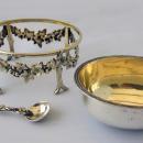 Set 4 Antique English Silver Gilt Grape Vine Leaf Salt Cellars in Case 1875