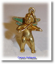 Vintage 18k Gold Enamelled Violin Playing Cherub Pendant / Charm 1965
