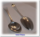 Pr Antique English Silver Table Spoons with Incuse Head Duty Mark 1785