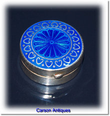Antique English Edwardian Silver and Blue Enamel Pillbox 1908