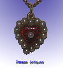 Antique English 15ct Yellow Gold Paisley Pearl & Enamel Heart Pendant & Chain 1890