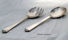 Pair GEORG JENSEN 1935 Pyramid Pattern 925 Silver Serving Spoon & Fork