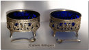 Pr Oval English Sterling Silver Cherub Salt Cellars with Blue Glass Liners