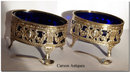 Pr Oval English Sterling Silver Cherub Salt Cellars with Blue Glass Liners