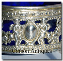 Pr Oval English Sterling Silver Cherub Salt Cellars with Blue Glass Liners