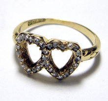 Antique English Victorian 15k Gold & Diamond Double Heart Ring 1890