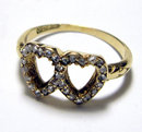 Antique English Victorian 15k Gold & Diamond Double Heart Ring 1890