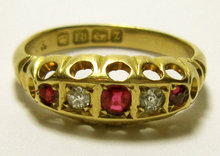 Antique English Victorian 5 stone Ruby & Diamond 18k Gold Ring. 1899