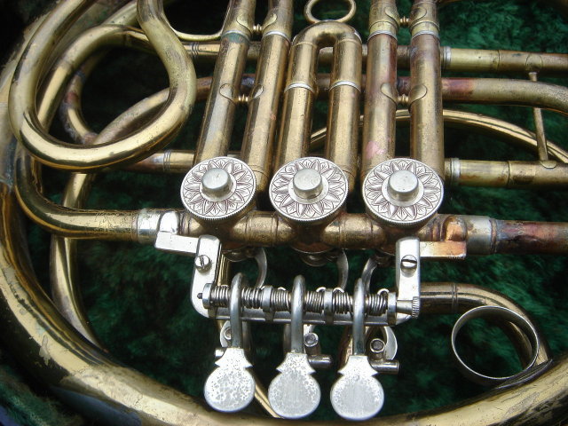 Antique Compensating Double FRENCH HORN_ Stamped Kruspe , Erfurt _ Solid Brass_ Late 19th Century_made in Germany__ with Wood construction Locking Case