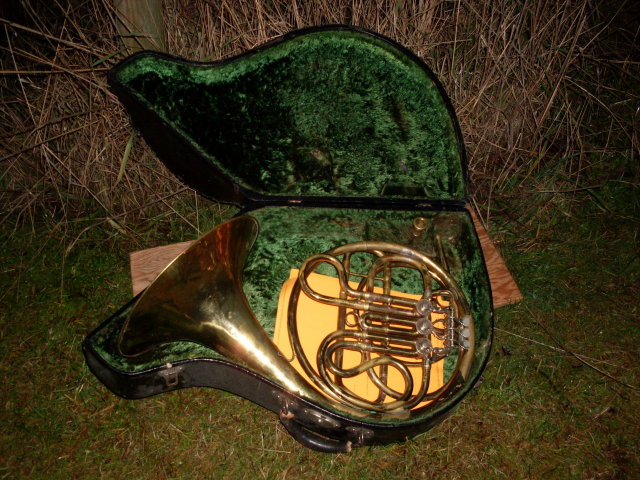 Antique Compensating Double FRENCH HORN_ Stamped Kruspe , Erfurt _ Solid Brass_ Late 19th Century_made in Germany__ with Wood construction Locking Case