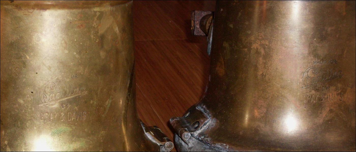 YOU FOUND IT, RIGHT HERE _ Rare Find _PAIR of Circa 1913 _1914 _1915 Solid Brass CADILLAC Cowl Lamps Signed: Gray Davis curved Dome Glass and Curved Bevelled Glass on Side Beautiful Design