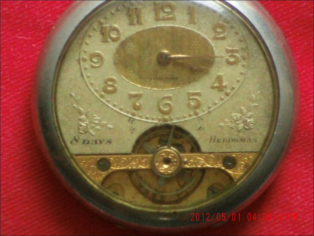 Excellent WORKING 8 Day HEBDOMAS Pocket Watch SILVER pocketwatch + Case+ GOLD Ornate CHAIN + GOLD locket