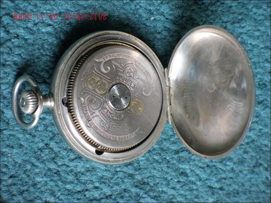 Excellent WORKING 8 Day HEBDOMAS Pocket Watch SILVER pocketwatch + Case+ GOLD Ornate CHAIN + GOLD locket