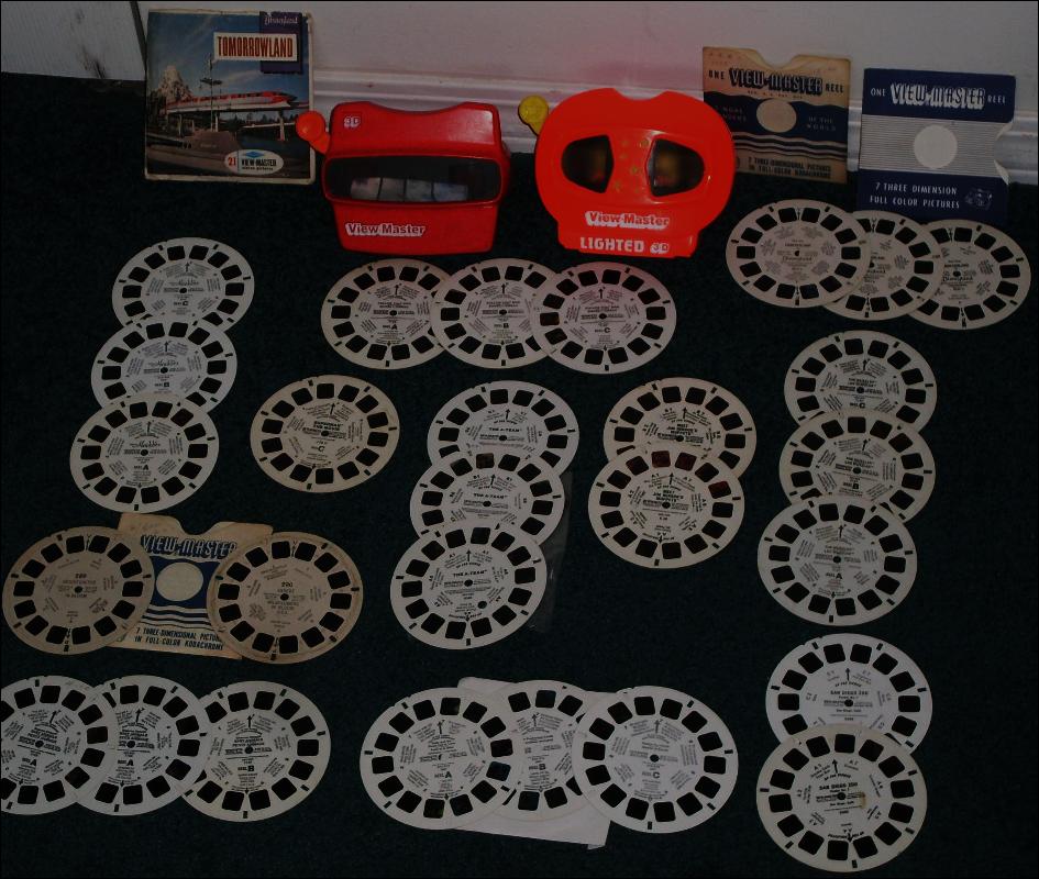 2 Viewmasters and Lot of Round Disc Viewmaster Reels _Slides Circa 1955-1985 includes 3 Reels A-TEAM; 2 Reels Meet Jim Henson's Muppets etc