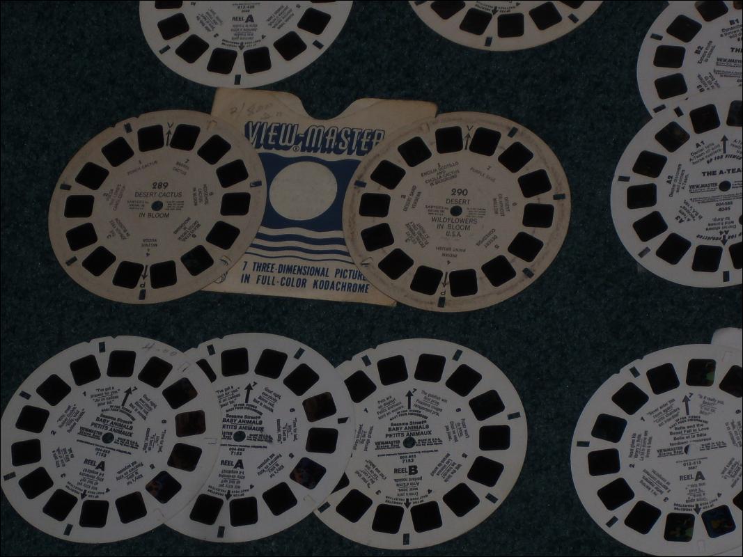 2 Viewmasters and Lot of Round Disc Viewmaster Reels _Slides Circa 1955-1985 includes 3 Reels A-TEAM; 2 Reels Meet Jim Henson's Muppets etc