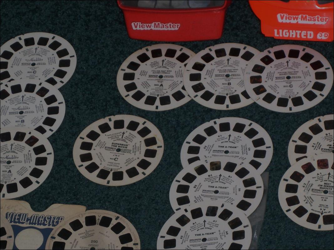 2 Viewmasters and Lot of Round Disc Viewmaster Reels _Slides Circa 1955-1985 includes 3 Reels A-TEAM; 2 Reels Meet Jim Henson's Muppets etc