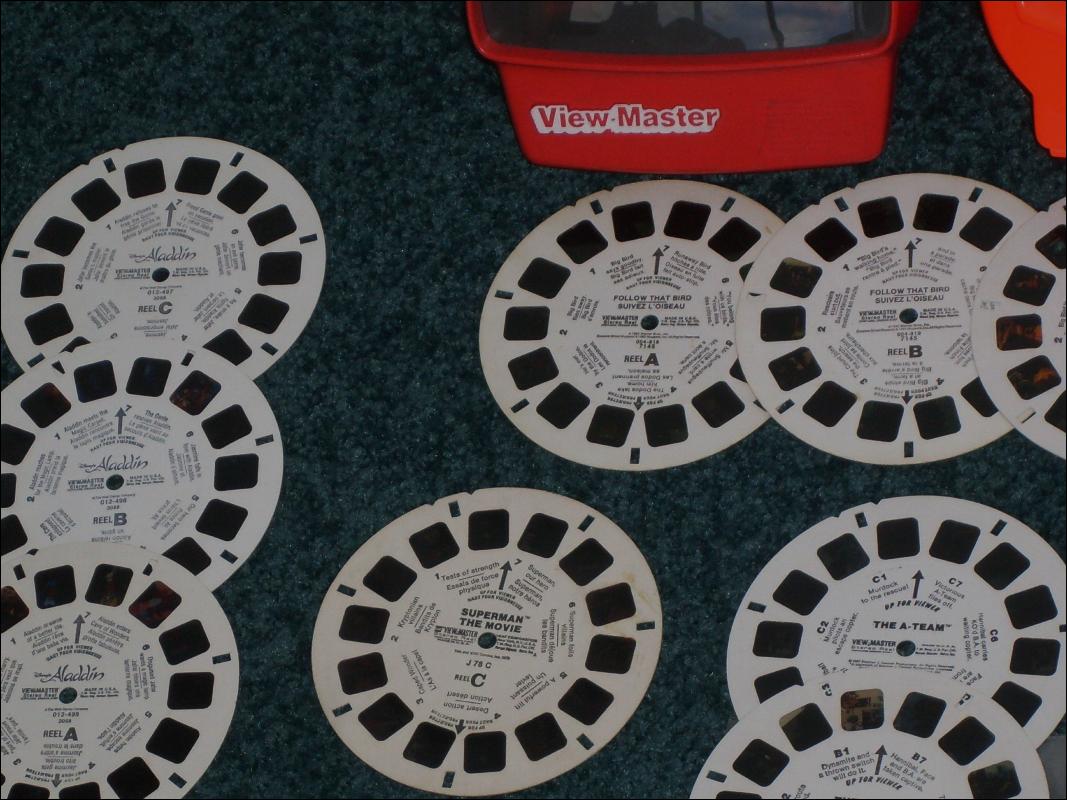 2 Viewmasters and Lot of Round Disc Viewmaster Reels _Slides Circa 1955-1985 includes 3 Reels A-TEAM; 2 Reels Meet Jim Henson's Muppets etc