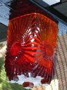 Circa 1886 most unusual RIBBED + BULLSEYE + FOOTED AMBERINA Glass toothpick holder , research indicates C.1886 Ribbed effect on outer surface, Reverse Bullseye each at different height on panels. Footed.