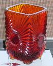 Circa 1886 most unusual RIBBED + BULLSEYE + FOOTED AMBERINA Glass toothpick holder , research indicates C.1886 Ribbed effect on outer surface, Reverse Bullseye each at different height on panels. Footed.