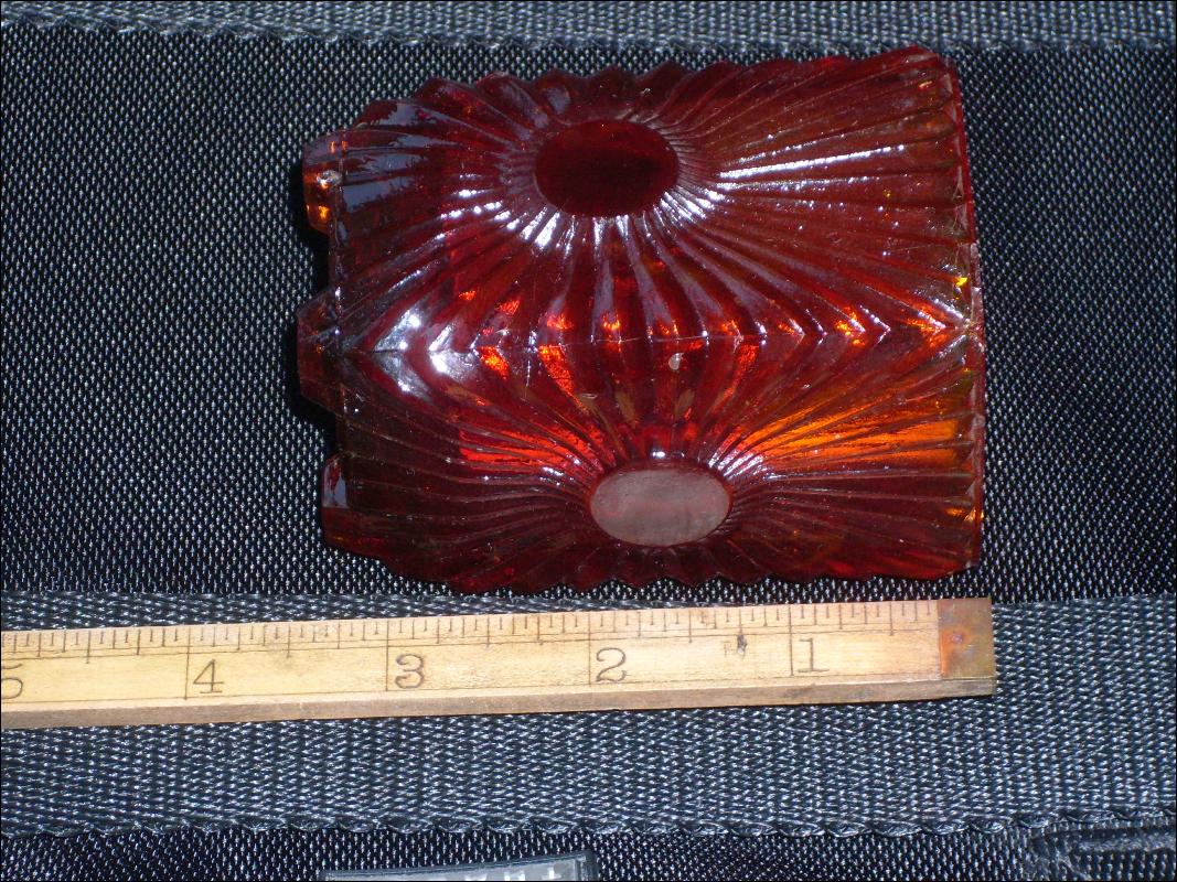 Circa 1886 most unusual RIBBED + BULLSEYE + FOOTED AMBERINA Glass toothpick holder , research indicates C.1886 Ribbed effect on outer surface, Reverse Bullseye each at different height on panels. Footed.