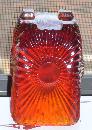 Circa 1886 most unusual RIBBED + BULLSEYE + FOOTED AMBERINA Glass toothpick holder , research indicates C.1886 Ribbed effect on outer surface, Reverse Bullseye each at different height on panels. Footed.