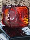 Circa 1886 most unusual RIBBED + BULLSEYE + FOOTED AMBERINA Glass toothpick holder , research indicates C.1886 Ribbed effect on outer surface, Reverse Bullseye each at different height on panels. Footed.