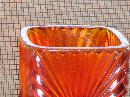 Circa 1886 most unusual RIBBED + BULLSEYE + FOOTED AMBERINA Glass toothpick holder , research indicates C.1886 Ribbed effect on outer surface, Reverse Bullseye each at different height on panels. Footed.
