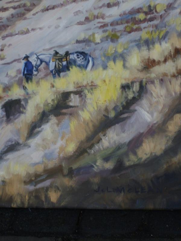 Original Oil Painting American / CANADIAN ART _Signed: Jack Lee McLean_Title: Cowboy Standing by his Horse in Back Hills. in Excellent Original Condition.