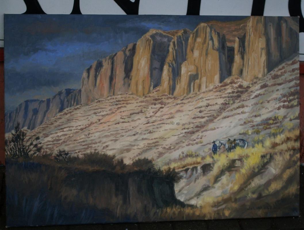Original Oil Painting American / CANADIAN ART _Signed: Jack Lee McLean_Title: Cowboy Standing by his Horse in Back Hills. in Excellent Original Condition.