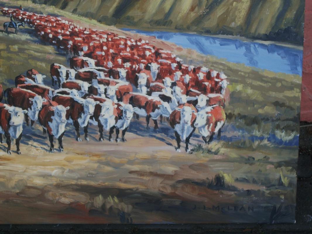 Original ART OIL PAINTING American / CANADIAN ART _Signed: Jack Lee McLean_Title: Cowboy on his Horse Cattle Crossing River _one only