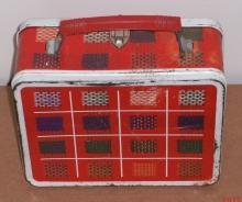 OHIO ART Plaid Woven Pattern Yellow Green Blue on RED Metal Lunch Box USA