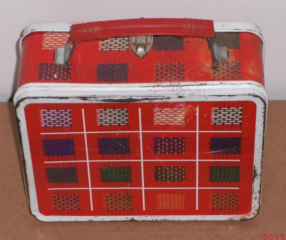 OHIO ART Plaid Woven Pattern Yellow Green Blue on RED Metal Lunch Box USA