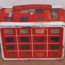 OHIO ART Plaid Woven Pattern Yellow Green Blue on RED Metal Lunch Box USA