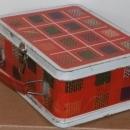 OHIO ART Plaid Woven Pattern Yellow Green Blue on RED Metal Lunch Box USA
