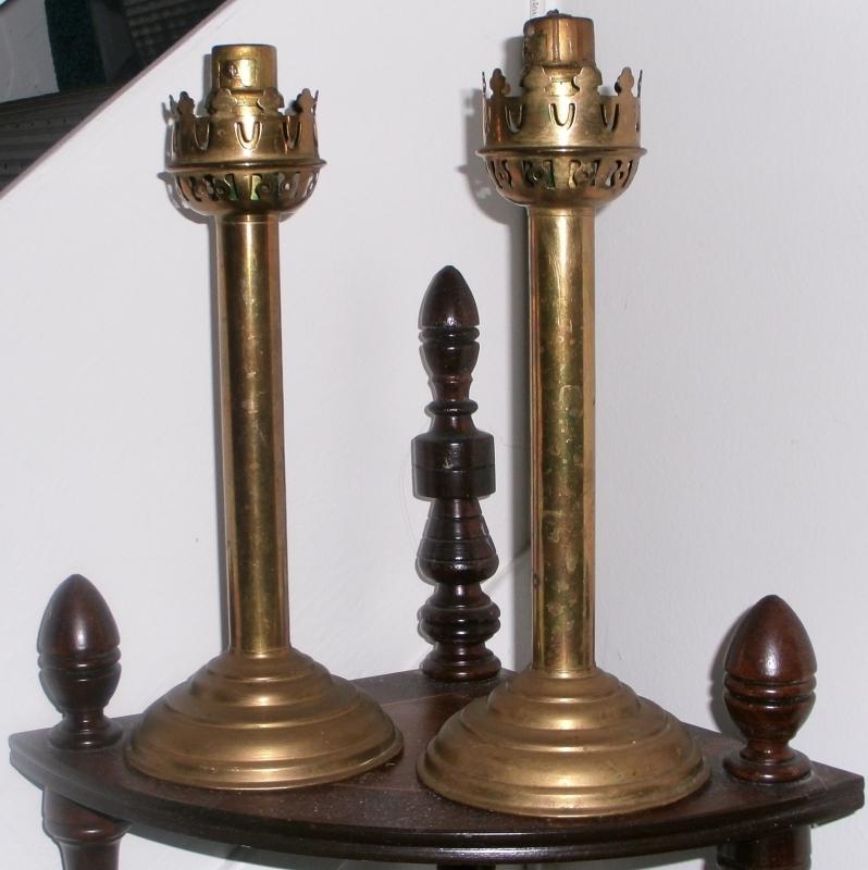 6 Pcs. Antique Cathedral CHURCH CANDLE STICKS Matching Pair Spring Loaded _France + 1 Hand Held + Glass Candle + 3 Candles