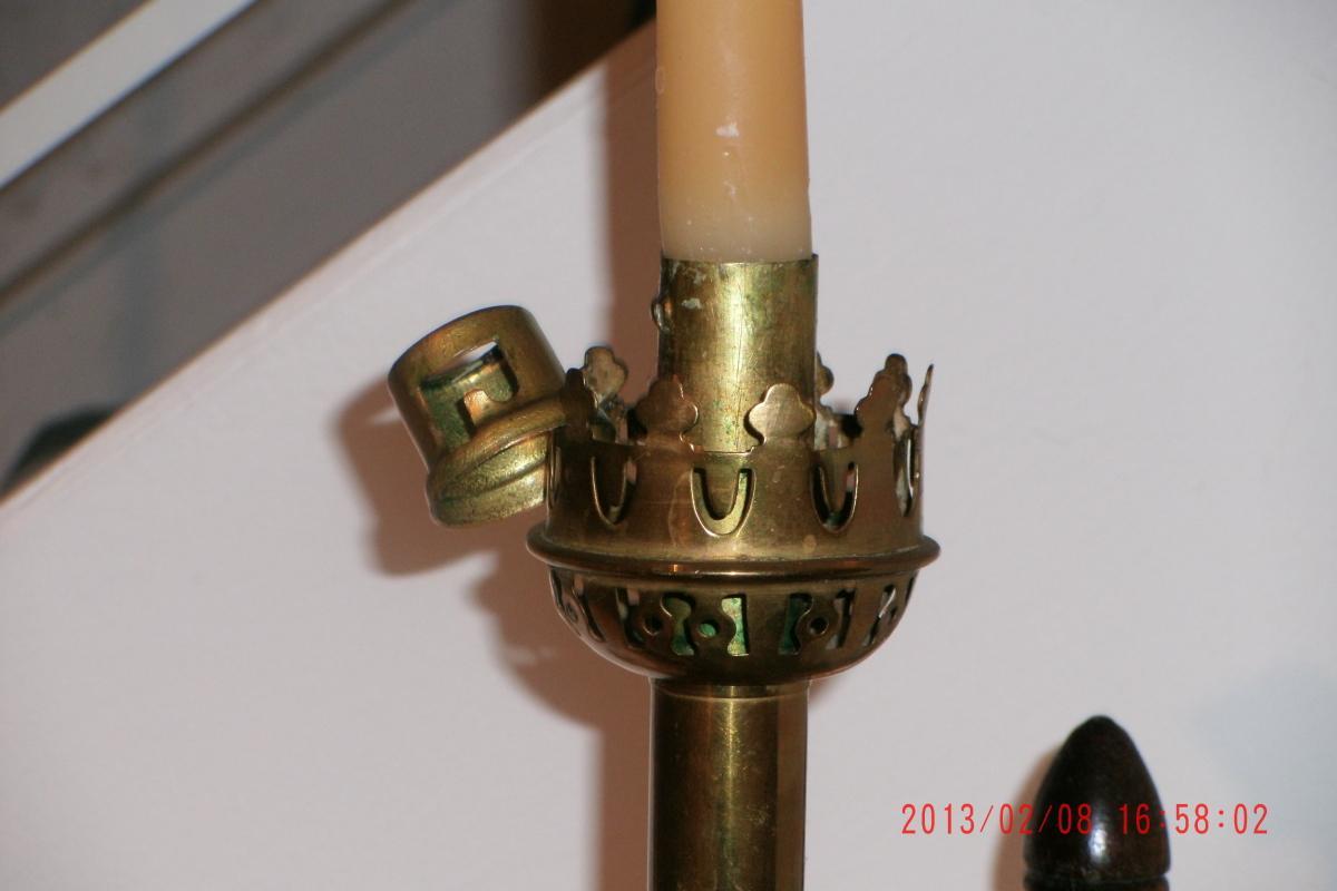 6 Pcs. Antique Cathedral CHURCH CANDLE STICKS Matching Pair Spring Loaded _France + 1 Hand Held + Glass Candle + 3 Candles