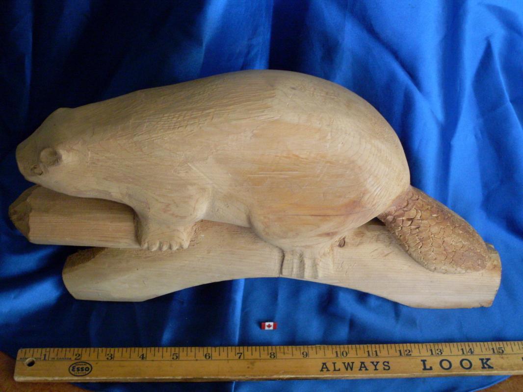 Antique Folk Art HAND CARVED & SIGNED_ 15 1/2 INCH Large_ Solid WOOD BEAVER _Signed: J D MacLennan