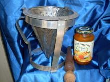 c.1920 SIEVE / STRAINER Kitchen Canning w/Holder & Wooden Rolling Pin + RED Tupperware Label Dispenser
