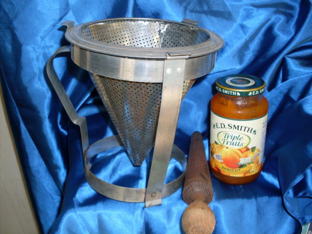 c.1920 SIEVE / STRAINER Kitchen Canning w/Holder & Wooden Rolling Pin + RED Tupperware Label Dispenser