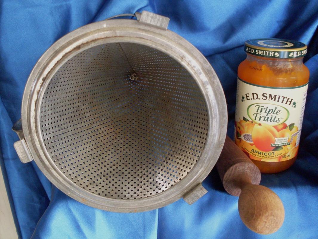 c.1920 SIEVE / STRAINER Kitchen Canning w/Holder & Wooden Rolling Pin + RED Tupperware Label Dispenser