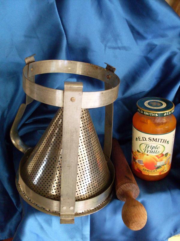 c.1920 SIEVE / STRAINER Kitchen Canning w/Holder & Wooden Rolling Pin + RED Tupperware Label Dispenser