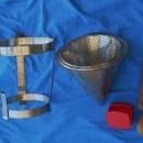 c.1920 SIEVE / STRAINER Kitchen Canning w/Holder & Wooden Rolling Pin + RED Tupperware Label Dispenser