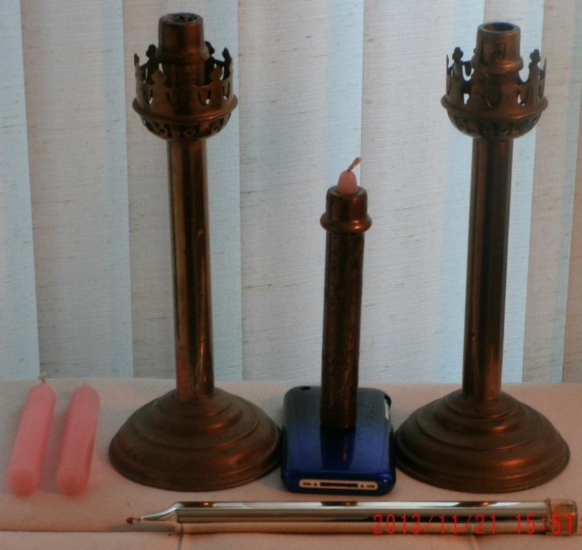 6 Pcs. Antique Cathedral CHURCH CANDLE STICKS Matching Pair Spring Loaded _France + 1 Hand Held + Glass Candle + 3 Candles