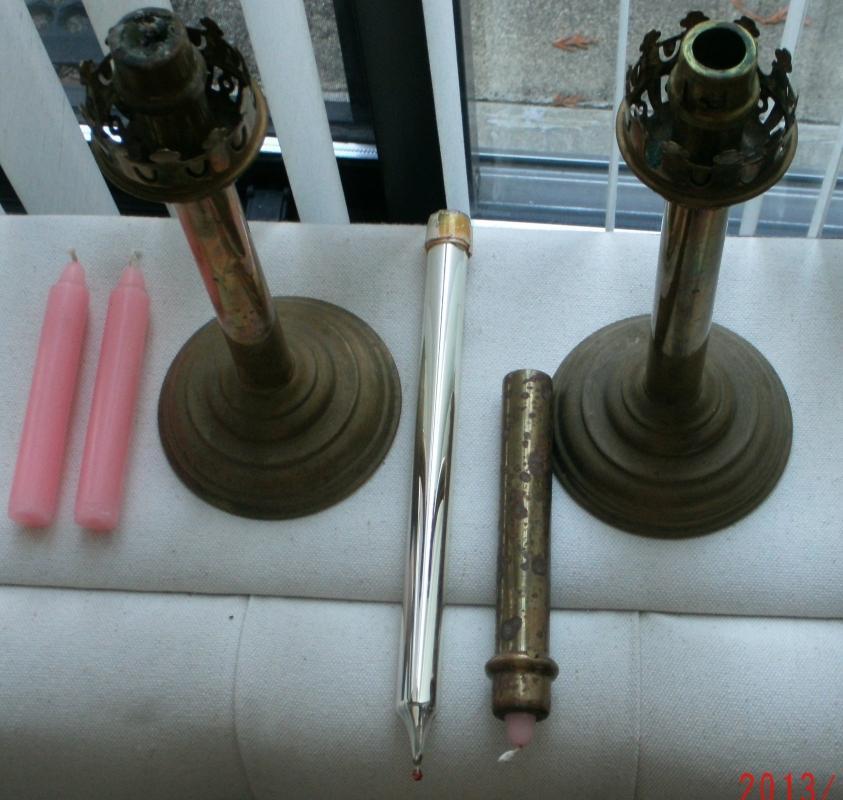 6 Pcs. Antique Cathedral CHURCH CANDLE STICKS Matching Pair Spring Loaded _France + 1 Hand Held + Glass Candle + 3 Candles
