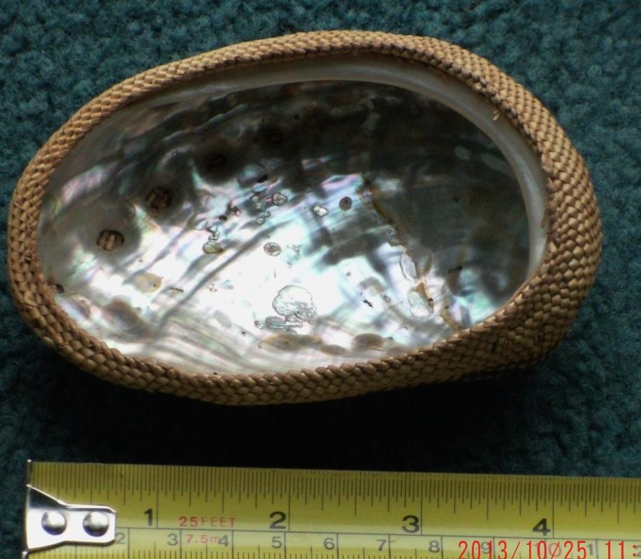 North American Native ART Very Finely Woven BASKETRY over Abalone Shell_ Lucy Paviao Kluky _ Nootka tribe + LARGE Abolone Shell
