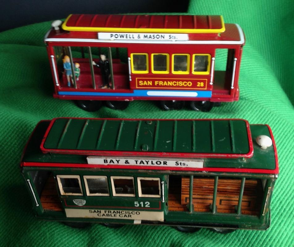 1950s PRESSED TIN metal FRICTION TOY CABLE CAR San Francisco #512 Japan AND vintage #28 Cable Car San Francisco