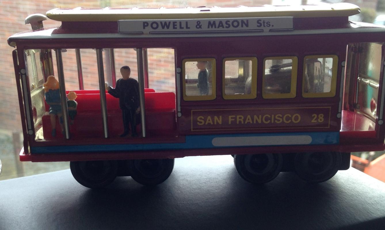 1950s PRESSED TIN metal FRICTION TOY CABLE CAR San Francisco #512 Japan AND vintage #28 Cable Car San Francisco