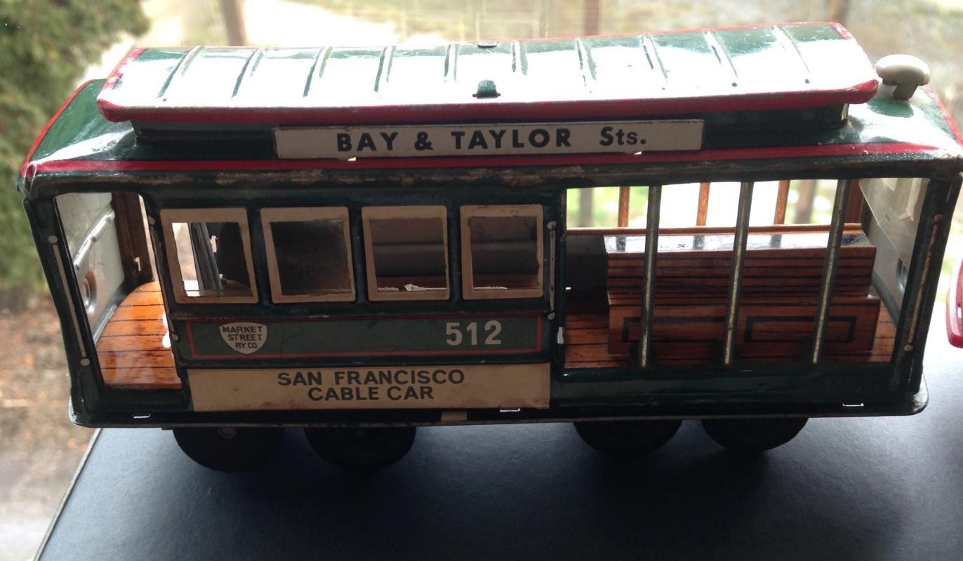 1950s PRESSED TIN metal FRICTION TOY CABLE CAR San Francisco #512 Japan AND vintage #28 Cable Car San Francisco