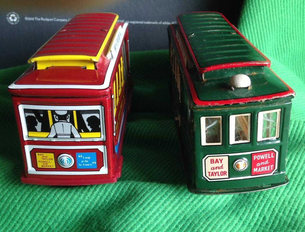 1950s PRESSED TIN metal FRICTION TOY CABLE CAR San Francisco #512 Japan AND vintage #28 Cable Car San Francisco