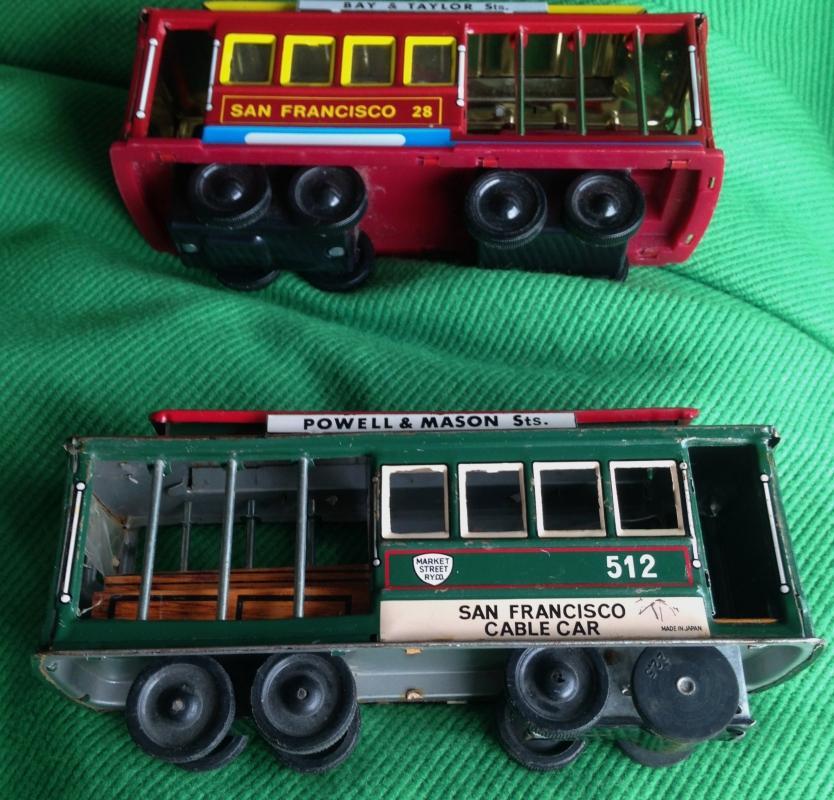 1950s PRESSED TIN metal FRICTION TOY CABLE CAR San Francisco #512 Japan AND vintage #28 Cable Car San Francisco